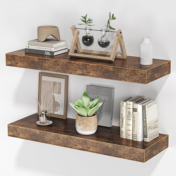 Floating Shelves for Wall, 24"W x 6.7"D x 1.5"H, Wooden Wall Mounted Display Shelf with Invisible Brackets for Living Room, Bedroom, Bathroom, Kitchen Decor and Storage, Set of 2, Rustic Brown-Ruum Studio Home