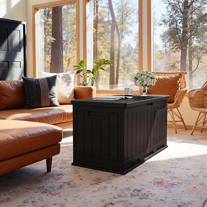 JUMMICO 90 Gallon Waterproof Resin Deck Box, Double Wall Outdoor Storage Box with Lockable Lid for Garden Tools, Patio Cushions, Pools (Black)-Ruum Studio Home