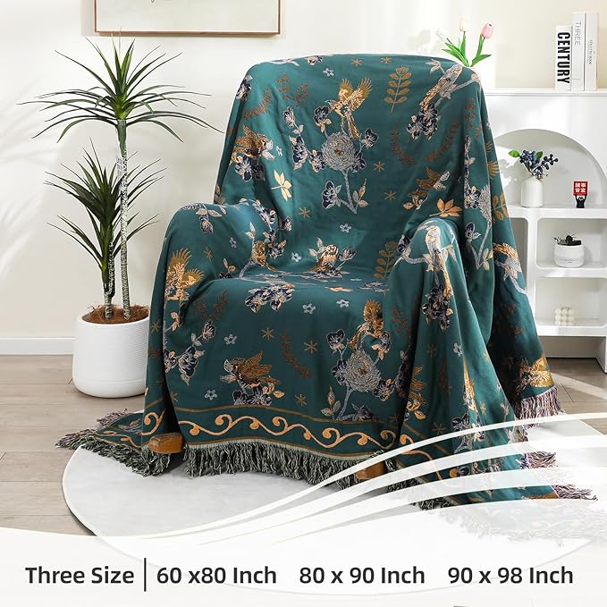 Boho 100% Organic Cotton Large Throw Blanket 50" x 60" - All Season Rustic Ultra Soft Breathable Floral Bird Blanket for Bed Sofa Couch Chair Bedspread Quilt Gift-Teal,Beige-Ruum Studio Home