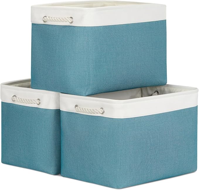Bidtakay Large Storage Baskets for Shelves 3 Pack 16x11.8x11.8 Inch Storage Bins for Organizing Fabric Storage Cubes for Closet Clothes Basket Laundry-White&Teal-Ruum Studio Home