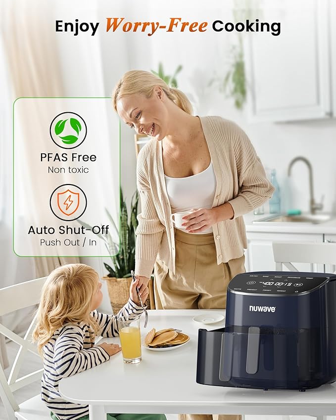 Nuwave Brio Plus Air Fryer 8 Qt, New & Improved, PFAS-FREE, 7 Digital One-Touch Cook Functions that AIR FRY, BAKE, ROAST, DEHYDRATE, TOAST, REHEAT, PREHEAT, 150 Presets, 50°F~400°F (Deep Blue)-Ruum Studio Home