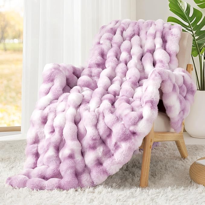 Touchat Luxury 1000GSM Faux Rabbit Fur Throw Blanket for Women, Super Heavy Warm Cozy Blankets for Couch Bed Sofa, Bubble Plush Fuzzy Soft Mink Blanket for Living Room Bedroom, Purple-Ruum Studio Home