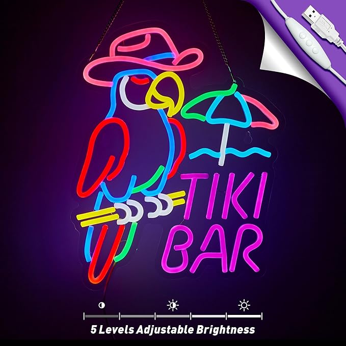 Tiki Bar Parrot Neon Sign for Wall Decor Hawaii Beach Bar LED Light up Signs with Dimmer for Pub Party Man Cave Room Art Decor Gift-Ruum Studio Home