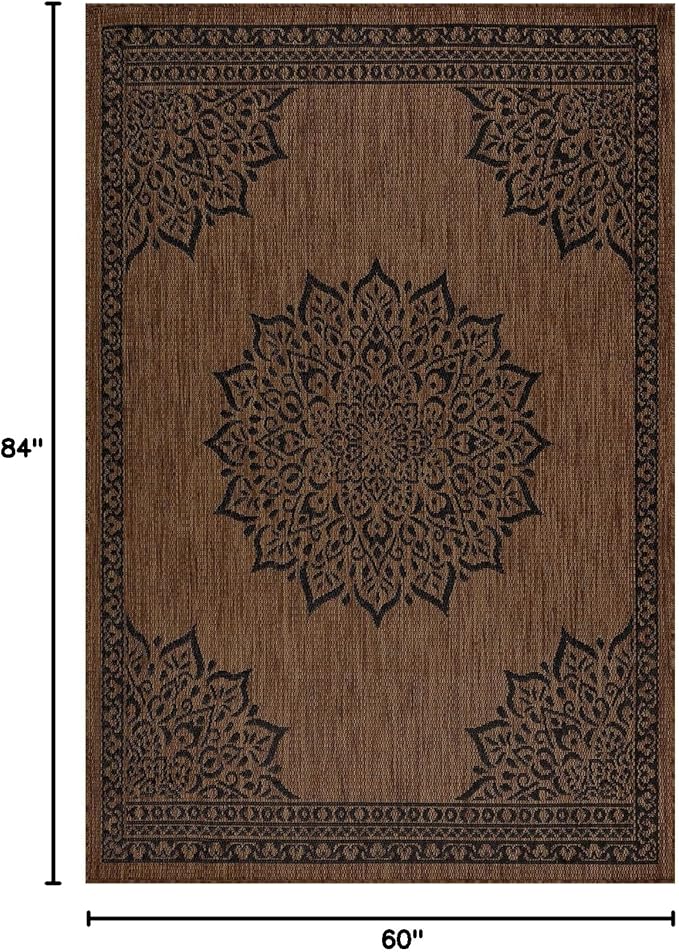 CAMILSON Outdoor Rug, 5x7 Medallion Nut Brown Black Modern Area Rugs for Indoor and Outdoor Patios, Kitchen and Hallway Mats, Washable Porch Deck Outside Carpet (Medallion Nut Brown Black, 5 x 7)-Ruum Studio Home