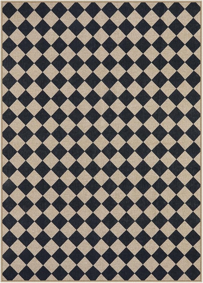 Lahome Checkered Dining Living Room Rug, 5x7 Washable Indoor Outdoor Easy Jute Rug, Farmhouse Neutral Diamond Non Slip Non Shedding Floor Carpet for Sunroom Deck Classroom Office-Ruum Studio Home