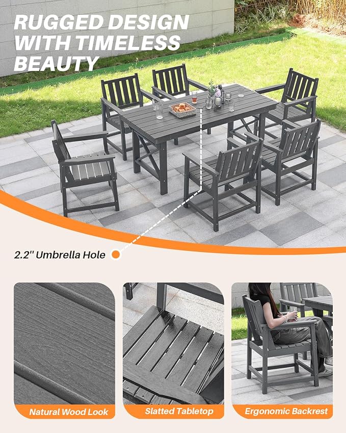 HDPE Patio Dining Set, 5-Piece Outdoor Table and Chairs with Umbrella Hole, Modern Outdoor Dining Set for 4, HDPE Outdoor Patio Furniture Dining Sets for Deck, Poolside, Porch, Smoke Gray-Ruum Studio Home