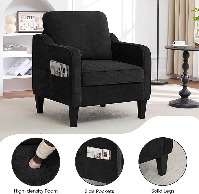 Accent Chairs Set of 2, Upholstered Living Room Chairs with Side Pockets, Mid Century Modern Reading Chair for Bedroom, Comfy Armchair Single Sofa Side Chair for Office, Small Room, Black-Ruum Studio Home