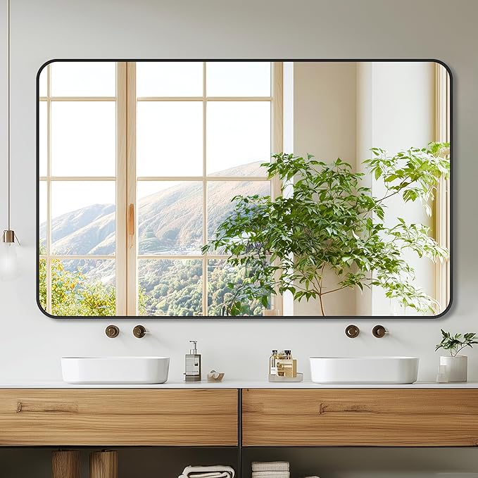 Bathroom Mirror 48" x 30", Large Rectangle Wall Mirror, Black Metal Frame Wall Mounted Mirrors for Bathroom, Vanity, Bedroom, Entryway Decor(Horizontal/Vertical)-Ruum Studio Home