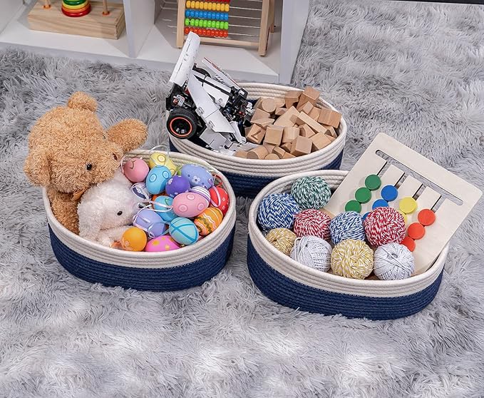 Off White&Navy Shelf Basket to Store and Organize Household Items/Baskets&Bins for Daily Storage &Organizing/Woven Rope Basket for Living Room, Bedroom,Small Oval-13x8.66x5.11’’,3 Packs-Ruum Studio Home