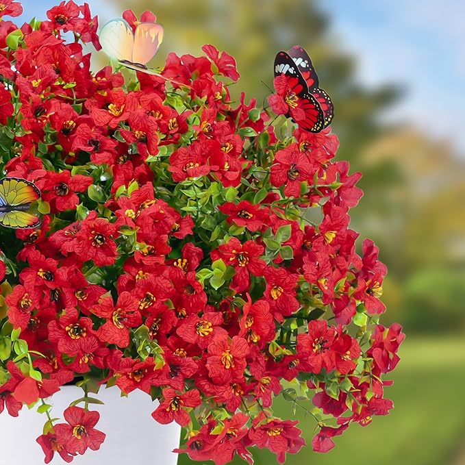 ‌20 Bundles Artificial Flowers for Outdoors‌ with 6 Faux Butterflies, UV Resistant ‌Fake Flowers‌ with Eucalyptus Leaves, ‌Artificial Plants Outdoor‌ for Patio Garden Porch Home Decor (Red)-Ruum Studio Home