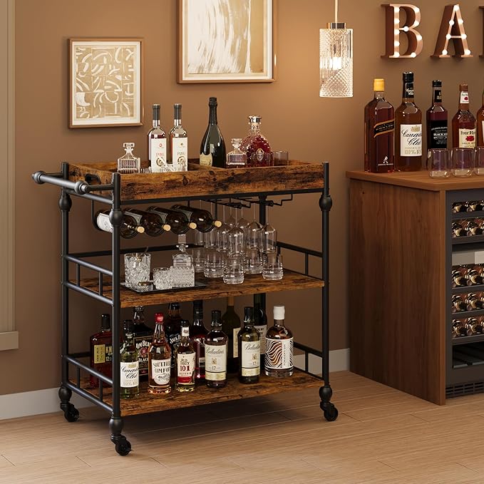 Bar Cart, Bar Carts for The Home, 3 Tier Serving Cart with Wheels, Home Bar & Serving Carts, Metal Rolling Cart with Wine Rack & Removable Tray for Kitchen, Dining Room, Living Room-Retro Brown-Ruum Studio Home