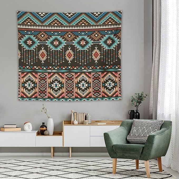 HZOHNAGO Aztec Tapestry Turquoise Blue and Brown and Native American Tribal Pattern Printed Wall Tapestry Wall Hanging for Bedroom Living Room Dorm 60" W x 50" H-Ruum Studio Home