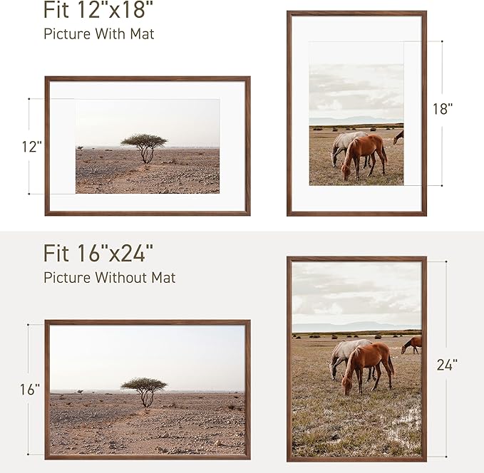 16x24 Poster Frame Set of 4 Natural Solid Walnut Photo Frames with 12x18 Removable Mat Wall Hanging Large Handcrafted Frame with HD Plexiglass Wall and Tabletop Display Large Picture Frame-Ruum Studio Home