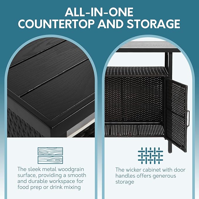 Outdoor Indoor Storage Cabinet with Rolling Wheels, Patio Serving Cart with Bar Table and Wicker Cabinet, Kitchen Island Prep Table, Black-Ruum Studio Home