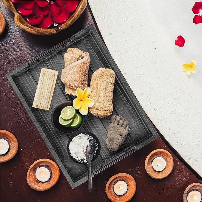 Dark Grey Coffee Table Decorative Serving Tray with Handles & 4 Coasters - 17x13 Inch Wood Tray for Ottoman, Breakfast, Wooden Tray-Ruum Studio Home