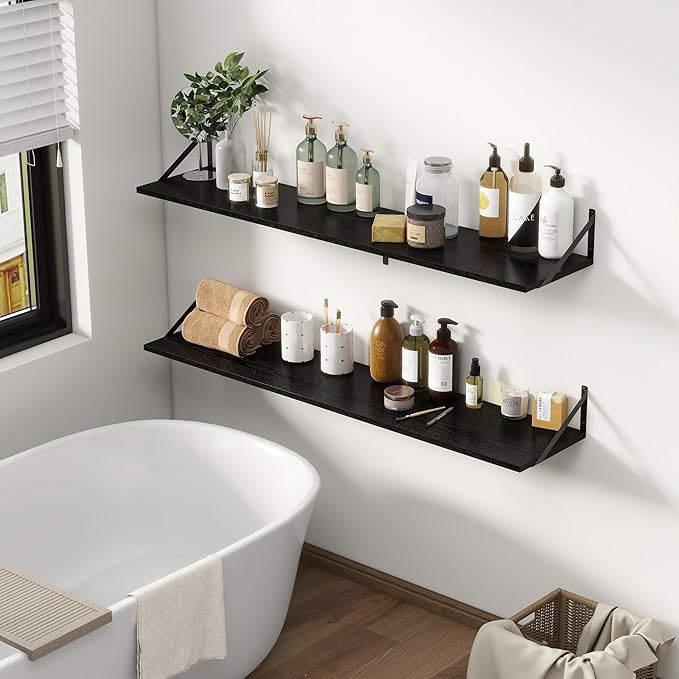 Fun Memories Deep Floating Shelves, 55W x 12D Floating Shelves for Wall, Wood Black Floating Shelf with Bracket, Wide Display & Storage Wall Shelves for Living Room, Bedroom,-Ruum Studio Home