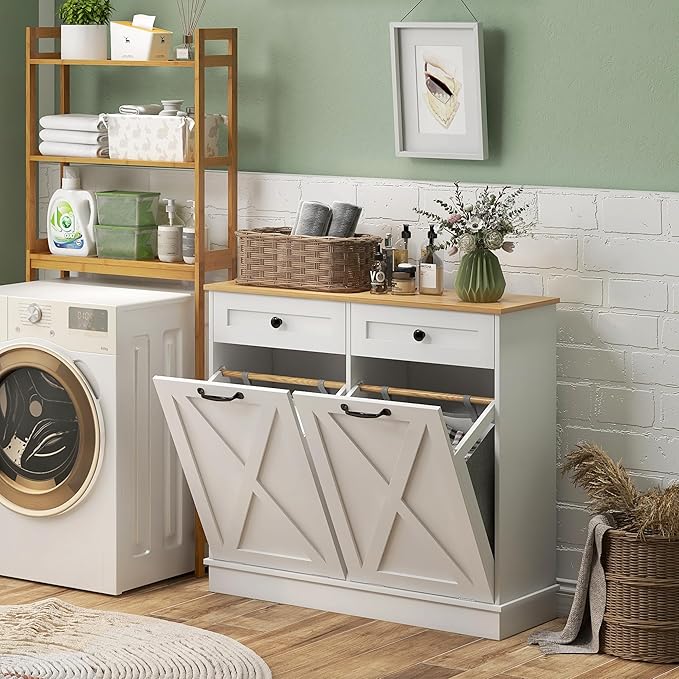 HOMCOM Tilt Out Laundry Hamper Cabinet with 2 Removable Baskets, Freestanding Bathroom Storage Cabinet with 2 Drawers, Trash Can Cabinet for Living Room, Laundry Room, White-Ruum Studio Home