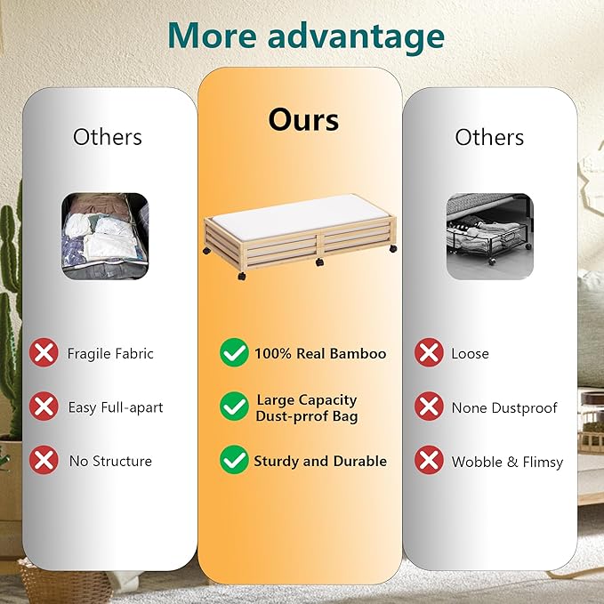 Bamboo Under Bed Storage Containers- Underbed Organizer with Wheels with Large Dust Bag,Sturdy Wood Rolling Under the Bed Shoe Storage Organizer Drawer 2 Packs (Nature, Long)-Ruum Studio Home