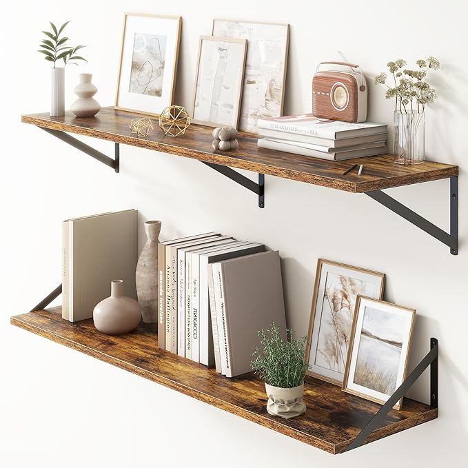 Floating Shelves 48 Inch Long, 10" Deep Floating Shelves, Wall Shelves 48 x 10, Set of 2, Wide Large Display Storage Shelves for Bathroom, Living Room, Rustic Wood Shelves with Brackets, Rustic Brown-Ruum Studio Home