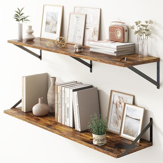 Floating Shelves 48 Inch Long, 10" Deep Floating Shelves, Wall Shelves 48 x 10, Set of 2, Wide Large Display Storage Shelves for Bathroom, Living Room, Rustic Wood Shelves with Brackets, Rustic Brown-Ruum Studio Home