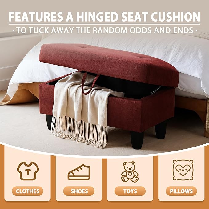 Ottoman Rectangular Storage Ottoman Bench, Flannel Footrest Stool Footstool with Lid for Living Room, Bedroom, Entryway, Red, 28.5"x19"x17.5"-Ruum Studio Home