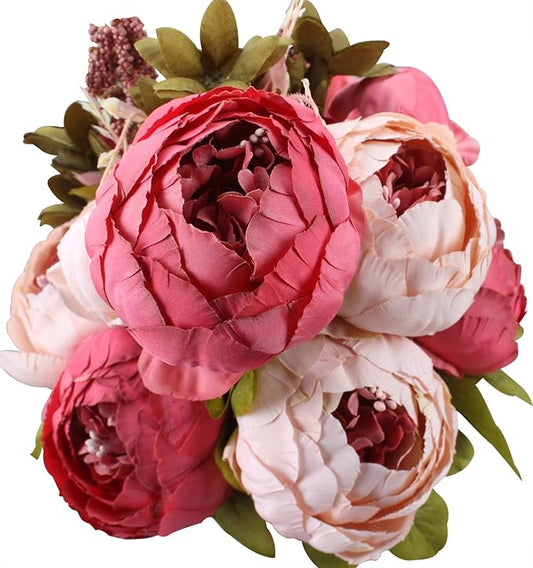 Duovlo Fake Flowers Vintage Artificial Peony Silk Flowers Wedding Home Decoration,Pack of 1 (Dark Pink)-Ruum Studio Home