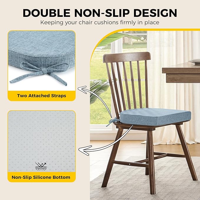 downluxe Indoor Chair Cushions for Dining Chairs, Soft and Comfortable Textured Foam Kitchen Chair Pads with Ties and Non-Slip Backing, 16" x 16" x 2", Light Blue, 2 Pack-Ruum Studio Home