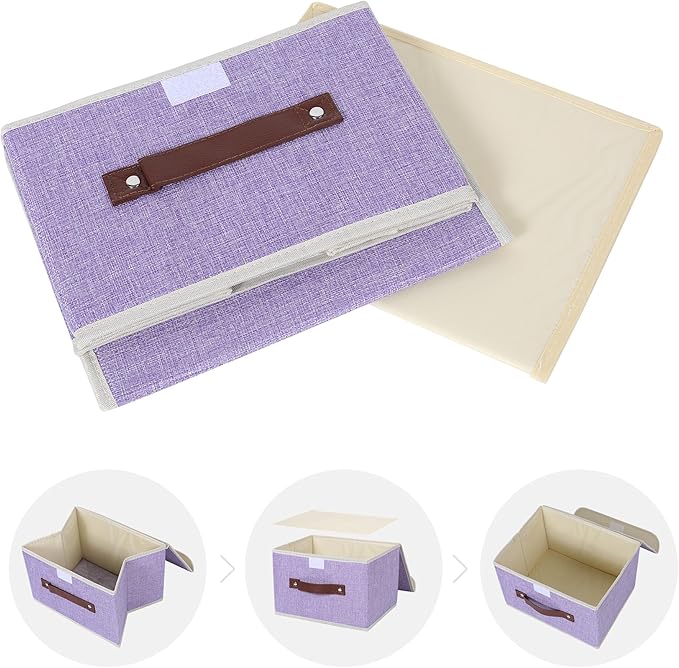 ANMINY 2PCS Storage Bins with Lid PU Leather Handles Storage Boxes PP Plastic Board Decorative Foldable Lidded Cotton Linen Fabric Home Cubes Baskets Closet Organizer Containers - Purple, Small Size-Ruum Studio Home