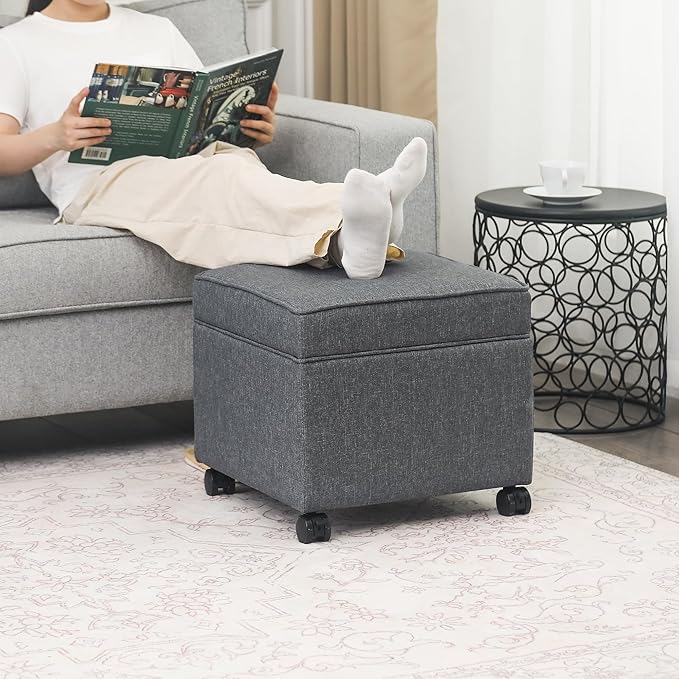 Adeco 17.5" Square Fabric Ottoman with Storage, Upholstered Cotton Linen Foot Rest, Flip Top Footstool, Small Cube Coffee Table Extra Seat for Living Room, Bedroom, Grey with Rolling Legs-Ruum Studio Home