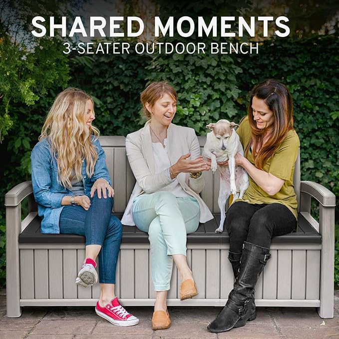 EconoHome 3 Seat Outdoor Storage Bench - 90 Gallon Capacity - Weatherproof Resin Bench for Patio, Porch, Garden, Yard, Pool Area - Furniture for Pool Accessories, Gardening Tools, Toys-Ruum Studio Home