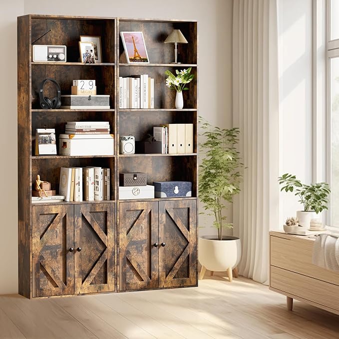 Tall Brown Wooden Bookshelf with Cabinet and Doors – 70.86" Bookcase with Doors, 6 Shelf Freestanding Tall Book Shelf for Living Room Storage, Bedroom, Home Office Organization – Brown Bookcase Wood-Ruum Studio Home