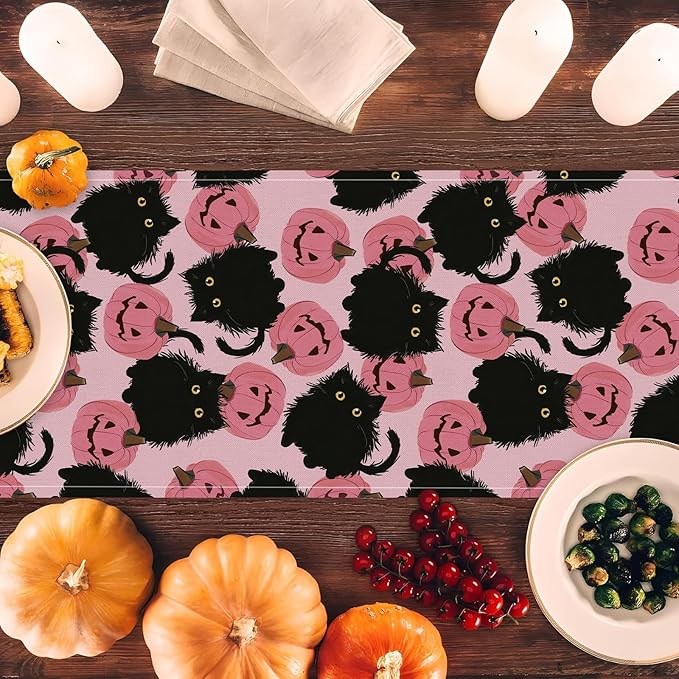 Halloween Table Runner Black Cat Pink Pumpkins Seasonal Kitchen Dining Table Home Outdoor Party Decorations 13x90 Inch-Ruum Studio Home