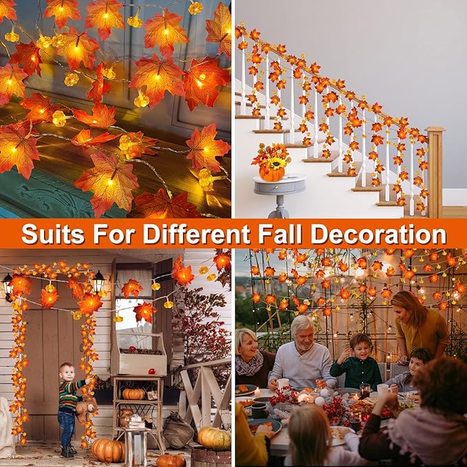 2 Pack & Timer - Fall Garland with Pumpkin Lights Halloween Fall Decor for Home 60LED 20Ft Enlarged Maples Leaves Halloween Garland Lights Indoor Battery Operated Thanksgiving Decor Wedding Christmas-Ruum Studio Home