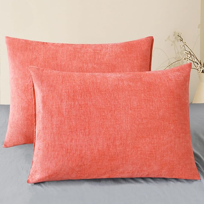 CaliTime Throw Pillow Covers Decorative 20 X 26 Inches Pack of 2 Cozy Chenille Standard Pillow Shams Cases for Couch Sofa Bed Living Room Home Living Coral-Ruum Studio Home