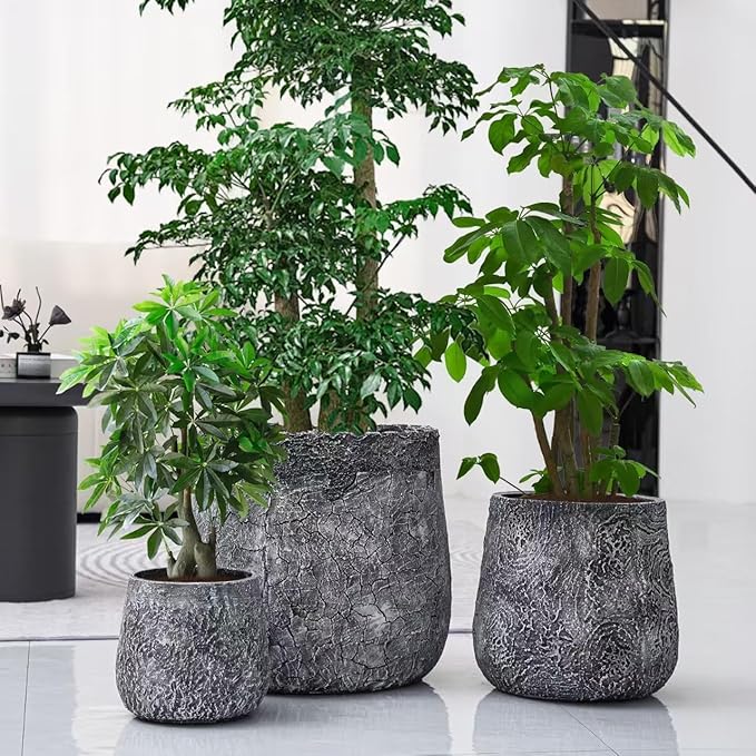 Craft flowerpots 18"+13"+19" Dia Round Concrete Planter Set of 3 Large Outdoor/Indoor Planter Pots Containers with Drainage Holes and Rubber Plug for Home Garden (Dark Gray, Large)-Ruum Studio Home