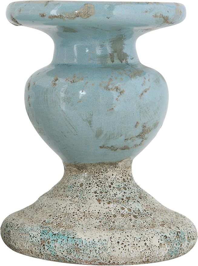 Creative Co-Op Large Distressed Blue Terracotta Pillar Candle Holder-Ruum Studio Home