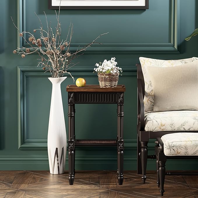 Rustic Farmhouse Cottagecore Accent End Table Set of 2, Distressed Accent Side Table with Espresso Tray Top and Woven Wicker Shelf, Boho, French Country Decor, Square, Weathered Brown & Black-Ruum Studio Home