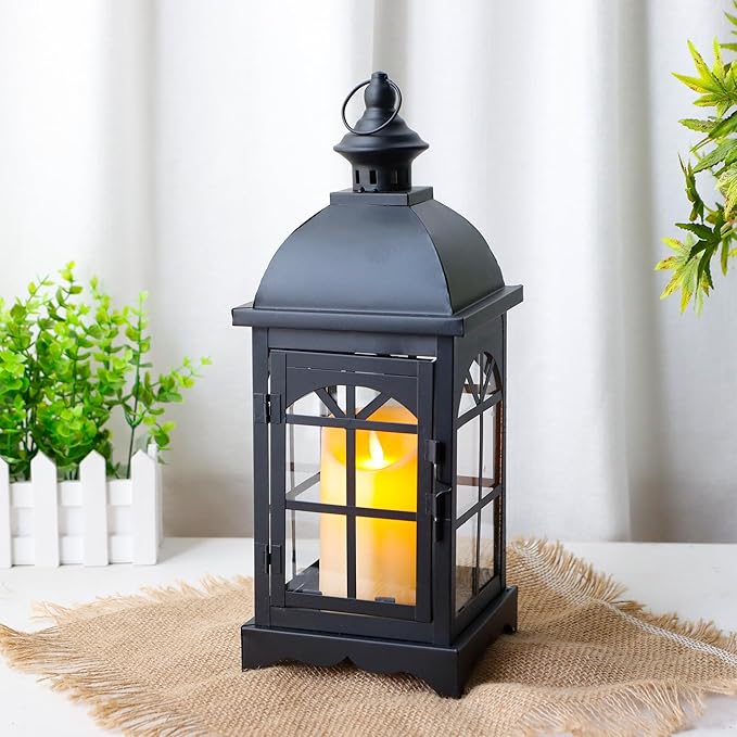 TRIROCKS Decorative Vintage Candle Lanterns 14.5" H Farmhouse Outdoor Hanging Lanterns with Tempered Glass for Porch, Balcony, Patio, Home, Centerpieces, Indoor, Outdoor(Black)-Ruum Studio Home