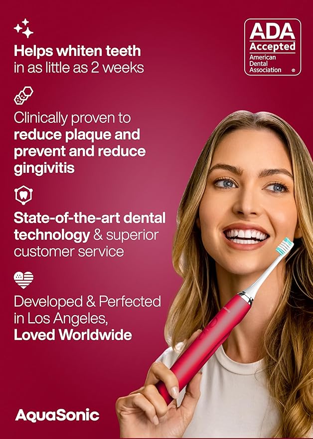 Aquasonic Vibe Series Ultra-Whitening Toothbrush – ADA Accepted Electric Toothbrush - 8 Brush Heads & Travel Case – 40,000 VPM Motor & Wireless Charging - 4 Modes w Smart Timer – Ruby-Ruum Studio Home