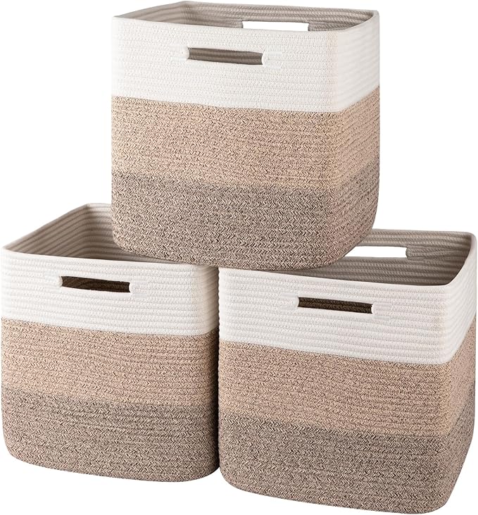 OIAHOMY 13 Kallax Inch Cube Storage Bins, 3-Pack Cotton Rope Woven Baskets for Organizing, Kallax Insert Storage Baskets for Shelves, Baby Nursery, Closet Organizer, 13*13*12.6IN, Gradient Brown-Ruum Studio Home