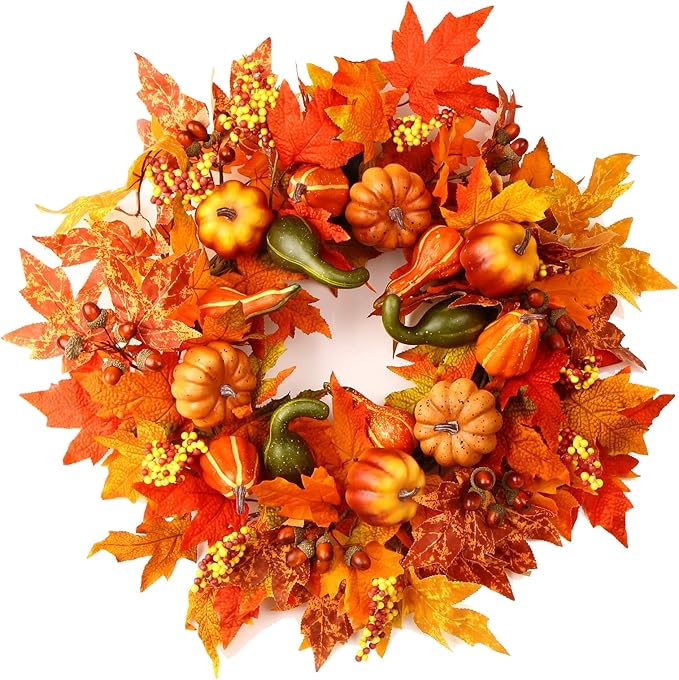24 Inch Fall Wreaths for Front Door, Fall Decorations for Home,Fall Wreath,Autumn Wreath with Pumpkins Berries Maple Leaves for Thanksgiving Halloween Decorations Indoor Outdoor Outside Fall Decor-Ruum Studio Home