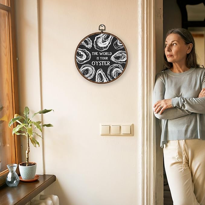 XBBMGG Black Vintage Oyster Wall Art Decor, Beach Nautical Round Wall Hanging Decor, Retro Ocean The World Is Your Oyster Framed Canvas Prints for Home Bedroom Living Room Decorations, 10x10inch-Ruum Studio Home