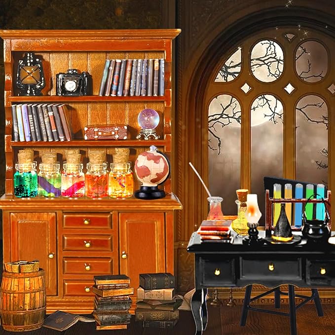 Rileryan 54 Pcs 1:12 Scale Magic Witchy House Kit Miniature Furnitures Accessories Mini Wooden Bookshelf Bookcase 30 Mini Books Desk Chair Halloween Decoration-Ruum Studio Home
