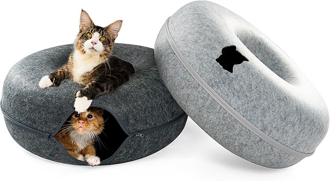 Cattasaurus Peekaboo Cat Cave, Extra Spacious for Multiple & Large Cats 12+ lbs, Scratch Detachable Beds for Indoor Cats, Washable Tunnel Bed, Comfy Cat Donut Tunnel (Light Gray+Dark Gray, Jumbo)-Ruum Studio Home