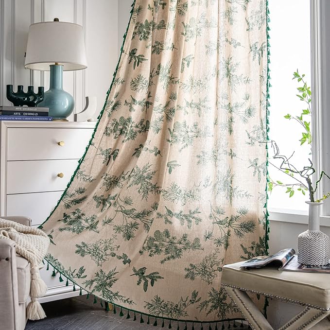 Sutuo Home Boho Curtain 84 Inches Length for Bedroom, Printed Cotton Linen Rod Pocket Semi Blackout Farmhouse Bohemian Tassels Window Treatment for Living Room, 1 Panel 59" W x 84" L, Green Forest-Ruum Studio Home
