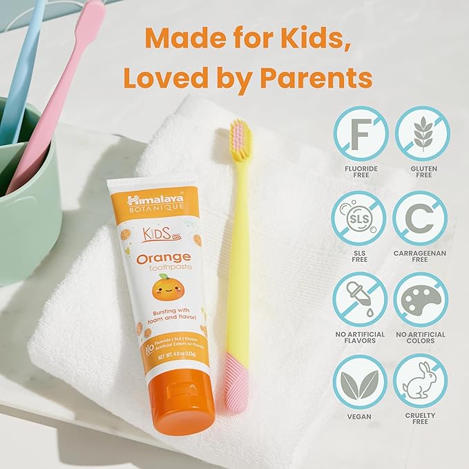 Himalaya Botanique Kids Toothpaste, Herbal, Orange Flavor, Fights Plaque, Fluoride Free, Gentle, No Artificial Flavors or Colors, SLS Free, Gluten Free, Cruelty Free, Vegan, Foaming, 4 Oz, 4 Pack…-Ruum Studio Home