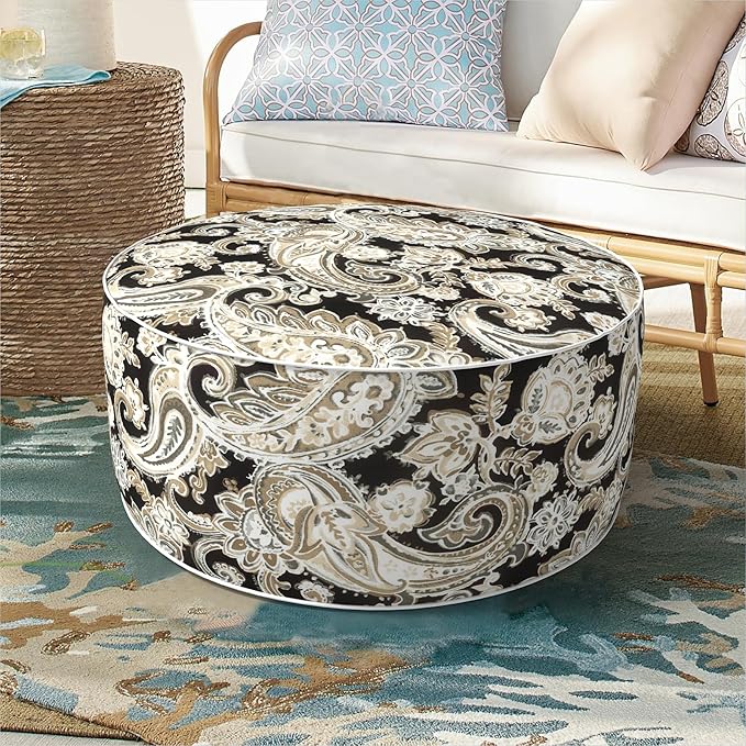 Inflatable Ottoman Stool D21 xH9 for Outdoor/Indoor Use, Water Repellent Patio Foot Rest Stool with Portable Handle,Round Pouf Ottoman Suitable for Garden,Deck and Camping - Paisley Black-Ruum Studio Home