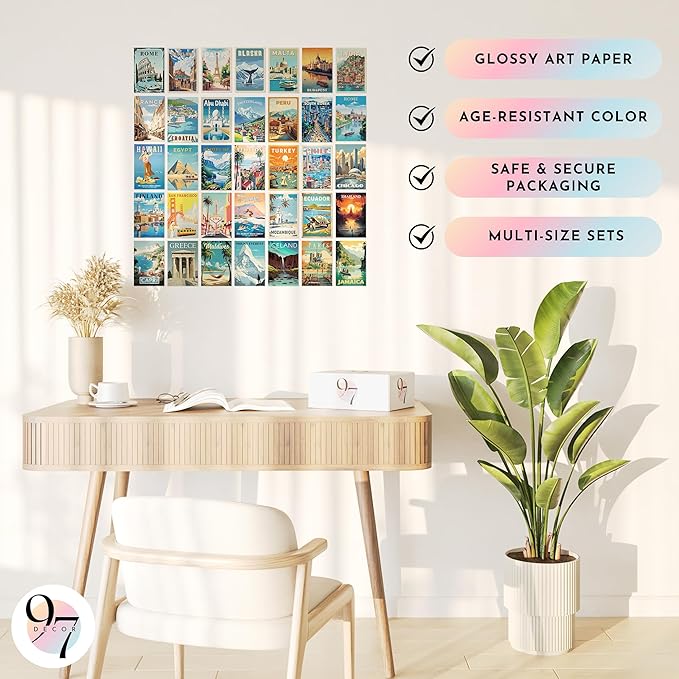 97 Decor Vintage Travel Decor - Travel Posters Wall Art Prints, Vintage Postcards from Around The World, City Landscape Aesthetic Pictures Retro Popular Cities Photo Collage Kit for Teen Bedroom (4x6)-Ruum Studio Home