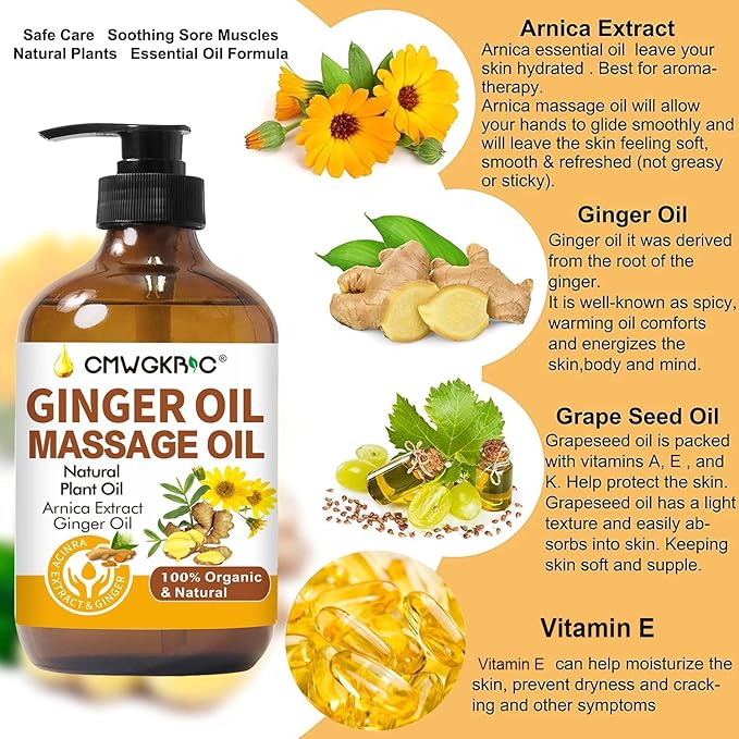 Ginger Oil,Ginger Massage Oil for Lymphatic Drainage,Natural Body Oil for Skin,Arnica Oil,Sore Muslce Massage Oil,Spa Ginger Oil-Warming and Relaxing for Mothers Day Gifts&Fathers Day Gift-Ruum Studio Home