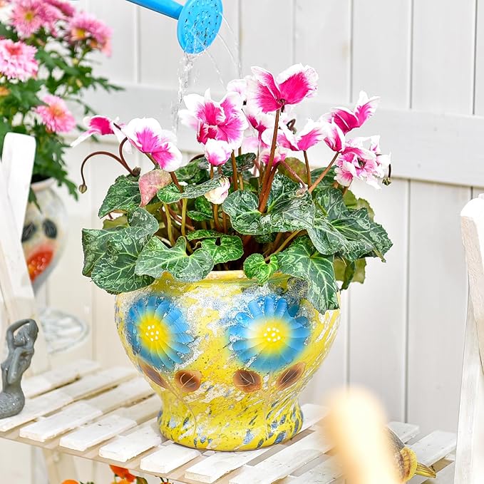 Sungmor Ceramic Hand Painted Succulent Flower Pots, 9 Inch Large Pottery Pots for Indoor Outdoor Plants, Decorative Ceramic Vase for Flower Arrangement Home Decor, Vintage Centerpieces Flowerpot-Ruum Studio Home